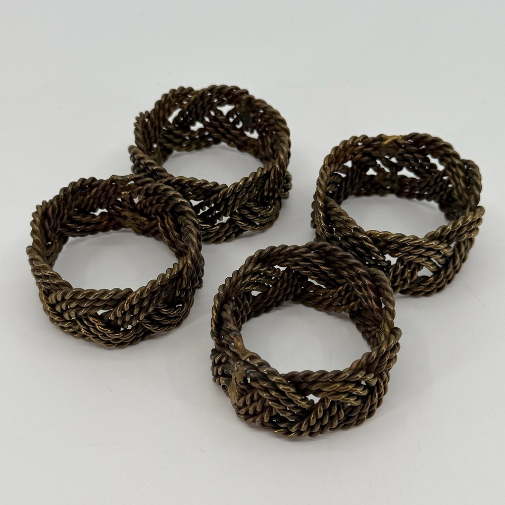 Vtg Solid Brass Napkin Rings SET of 4 Twisted Rope Woven Knot Hollywood Regency